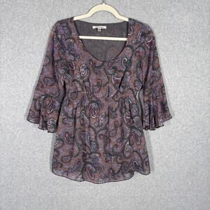 Quintessential‎ Blouse Small Paisley Smocked Sheer Boho Fairy Cottage Festival